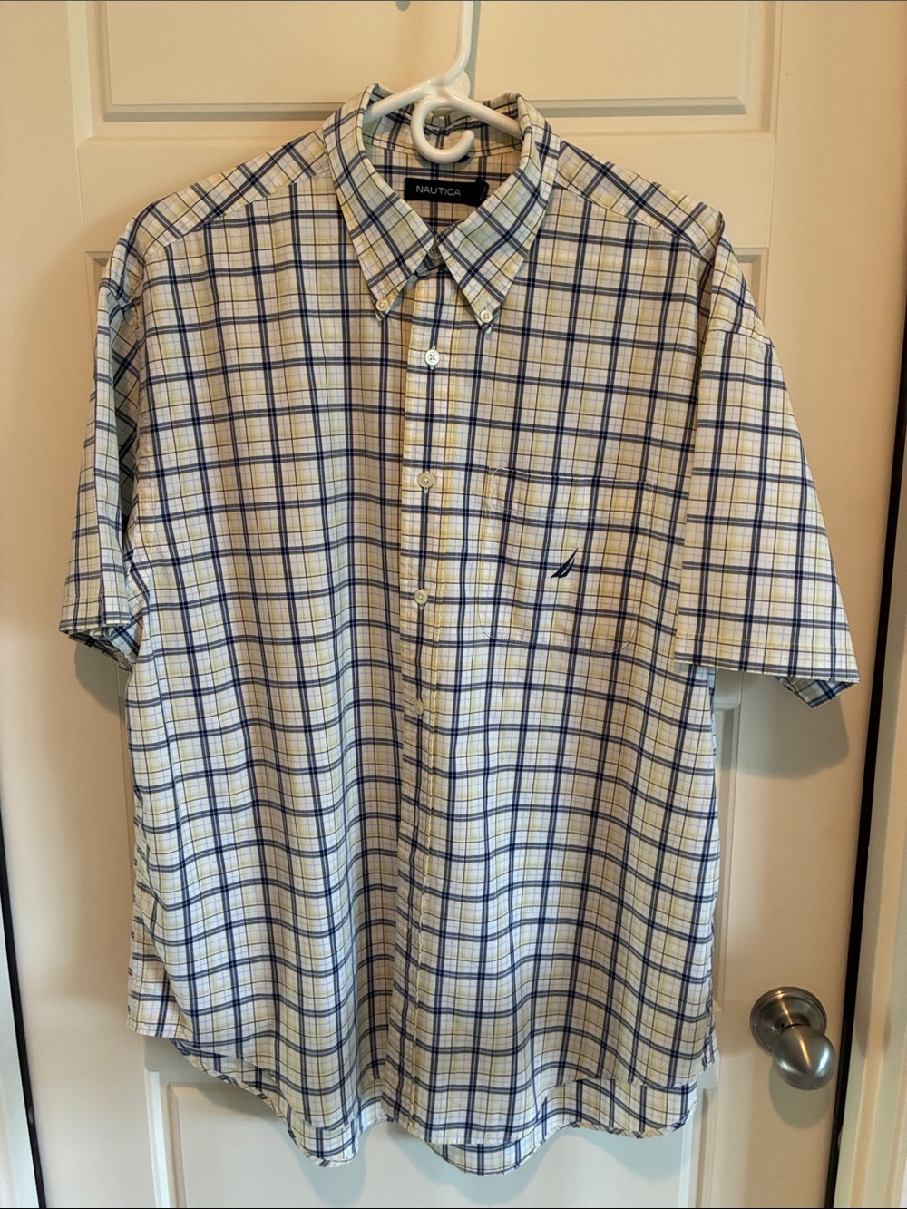 Nautica White and Blue Plaid Short-Sleeve Button-Down Shirt